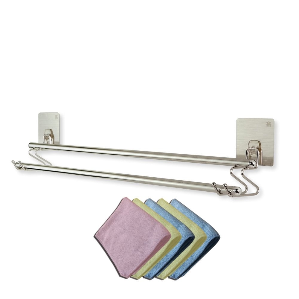 【家而適】304不鏽鋼雙桿毛巾架1組送3D倒鉤擦巾5條