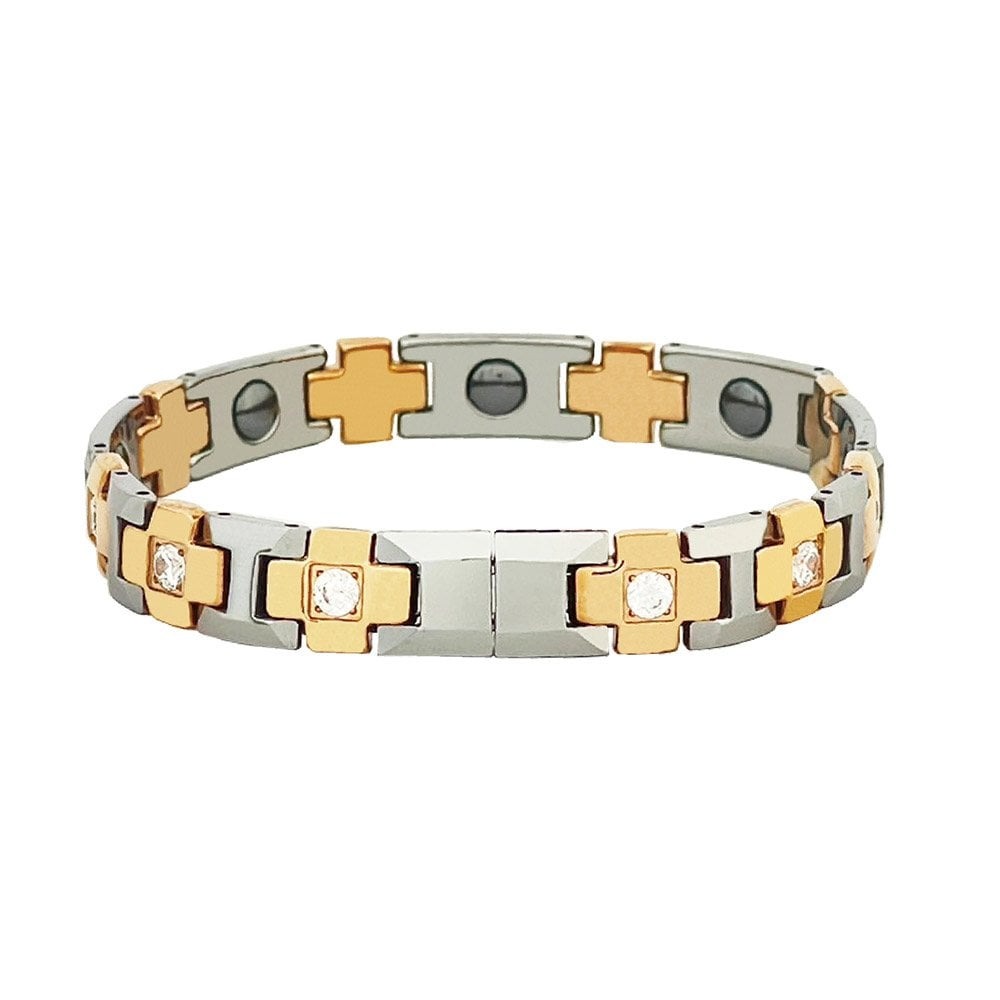 【KOTO】H型十字玫瑰金鑲鑽雙扣款健康手鍊