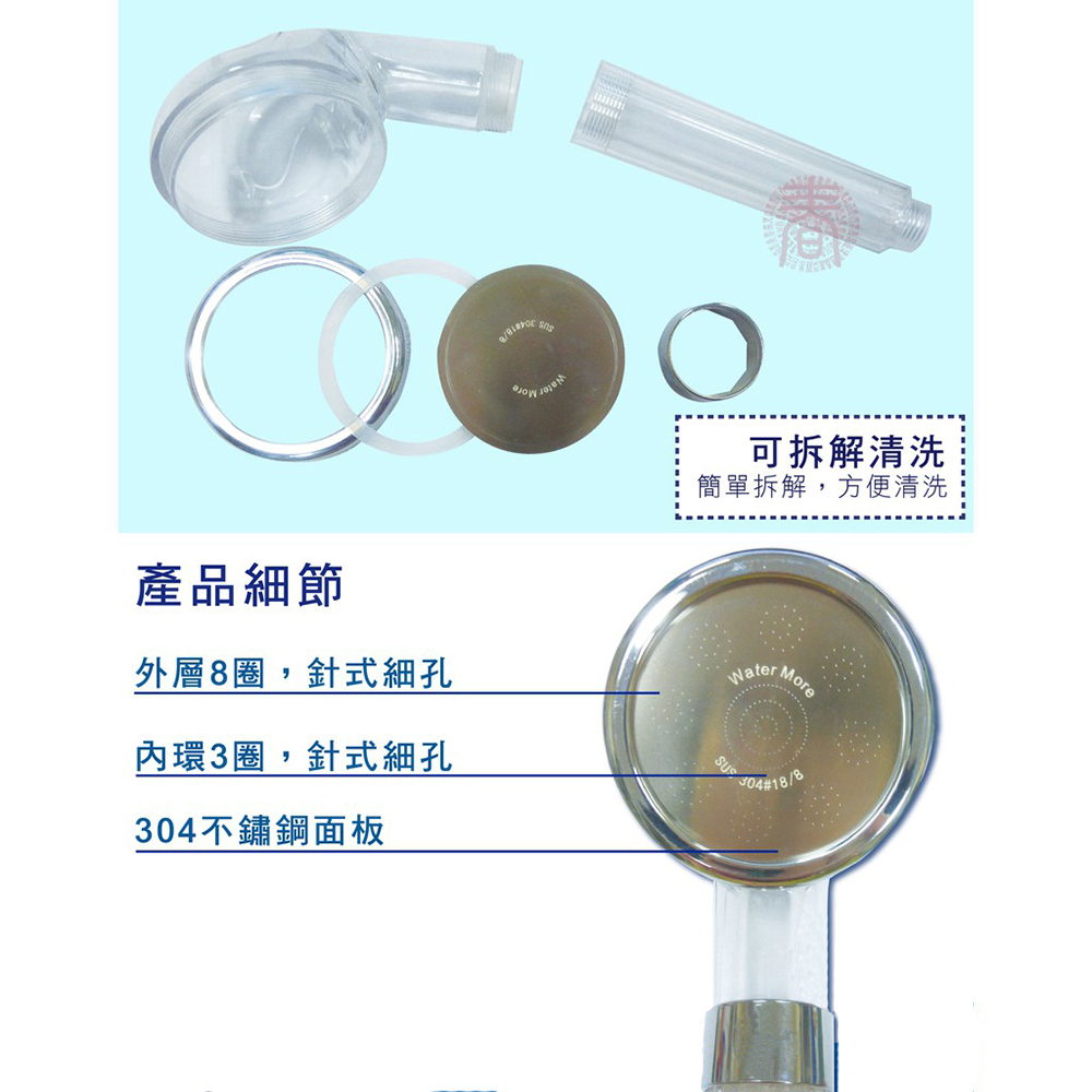 產品細節外層圈,針式細孔內環3圈,針式細孔不鏽鋼面板可拆解清洗簡單拆解,方便清洗WaterSUMore304188